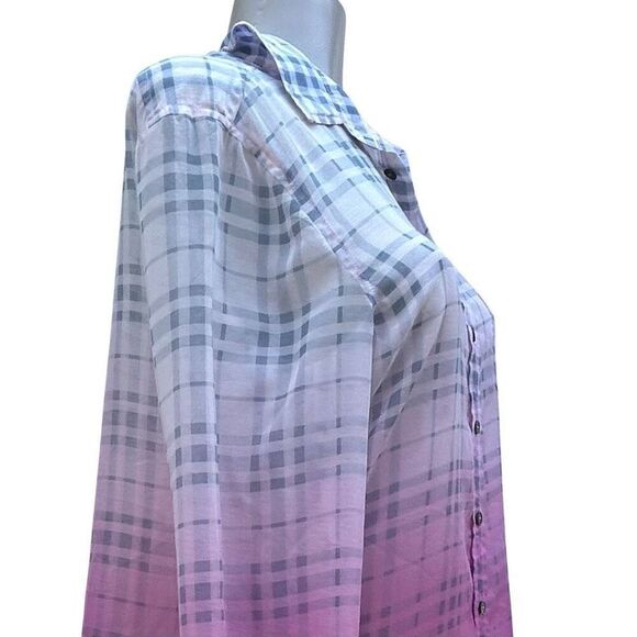 Two By Vince Camuto Shirt Blouse Womens S/M Pink Purple Plaid Ombre Button Front - Picture 4 of 13